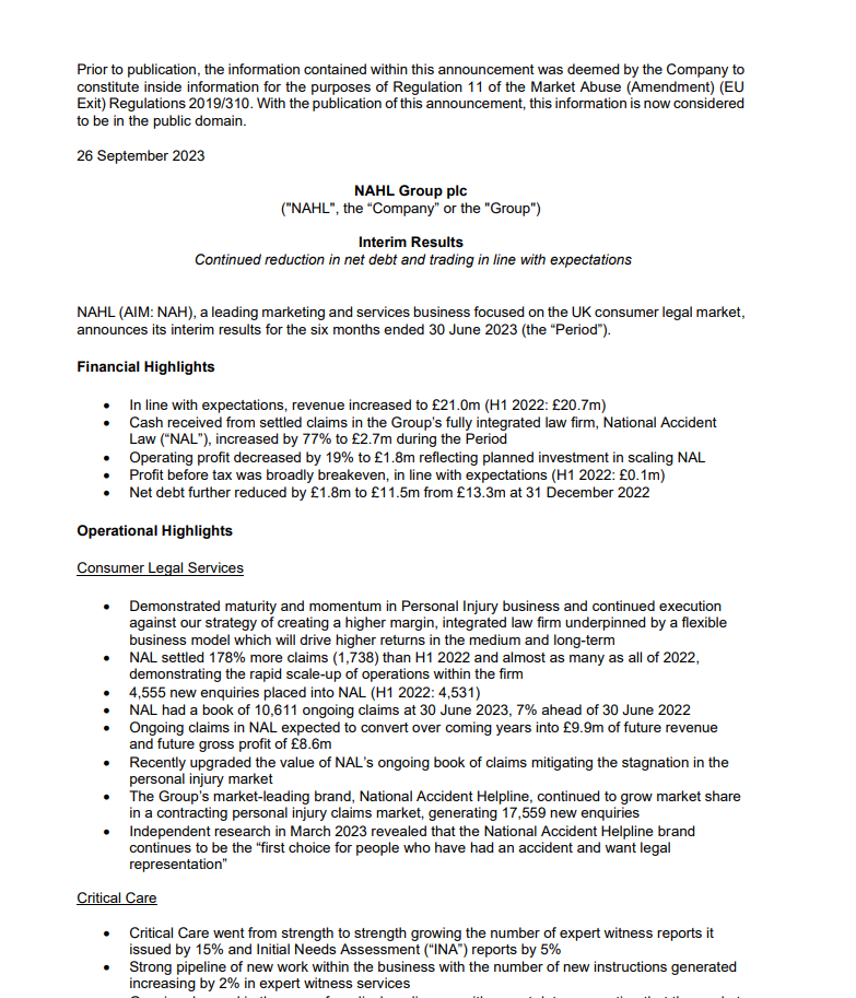 NAHL Interim Results September 2023