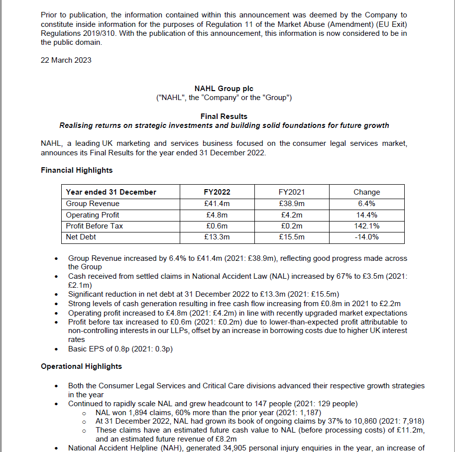 Final Results RNS Statement March 2023